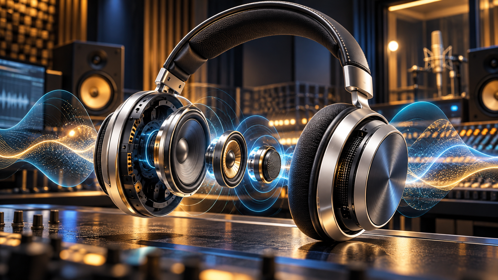 Editorial illustration of premium over-ear studio headphones and audio drivers